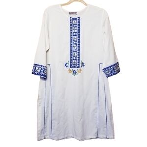 Sharmilee | Women's White Embroidered Tunic Top or Dress (Size Large)